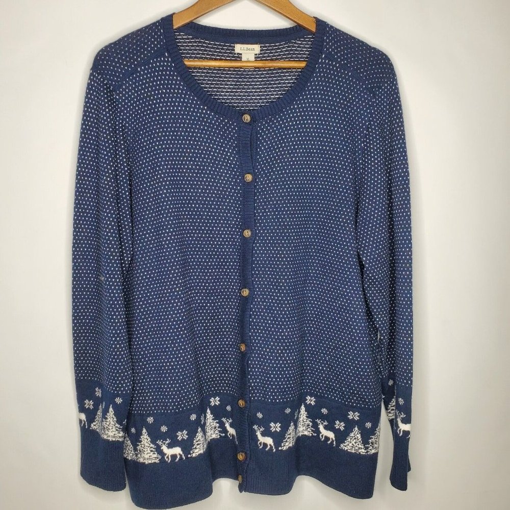 LL Bean Womens Blue Christmas Button Front Cardigan Size XL Trees Snowflake Deer